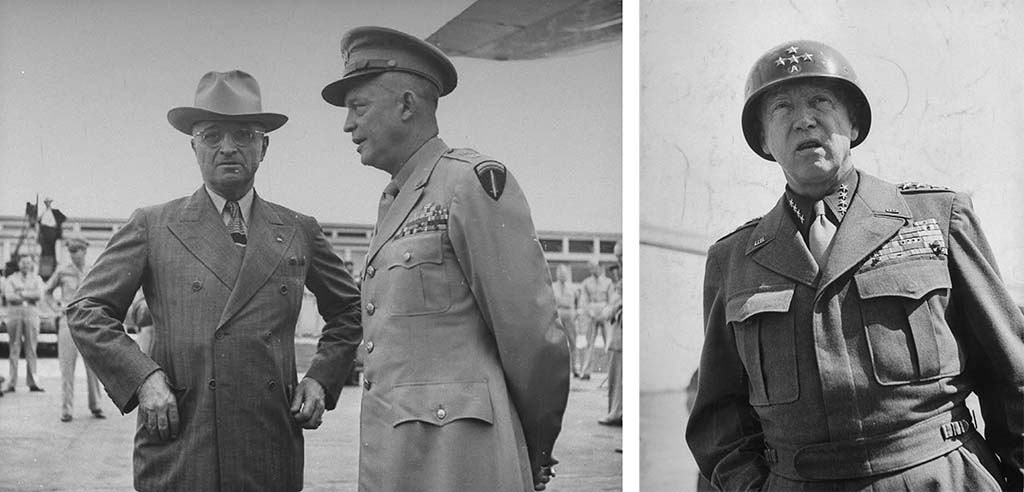 Two photos. 

Left photo shows president Harry Truman speaking with General Dwight Eisenhower.

Right photo - General George Patton

