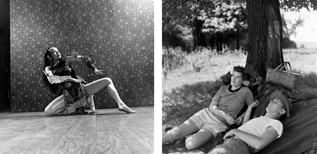 Left photo - a woman dances.

Right photo - a man and woman lie on a blanket under a tree.