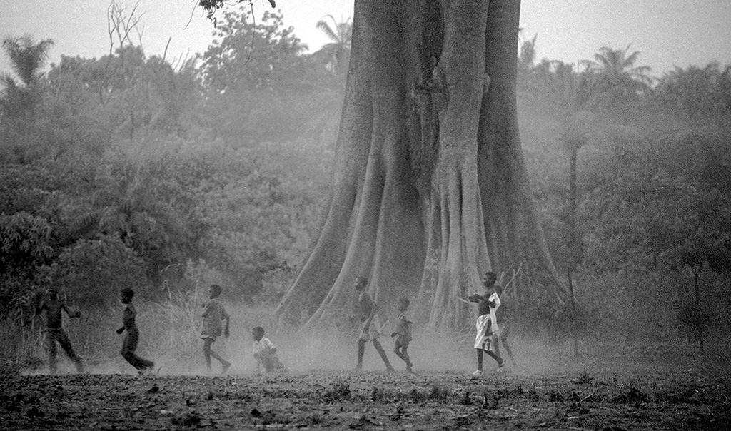 Photograph of children playing in front of a tree in Guinea Bissau