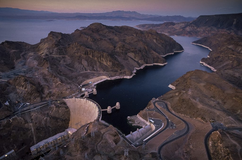 An aerial shot of the Hoover Dam.