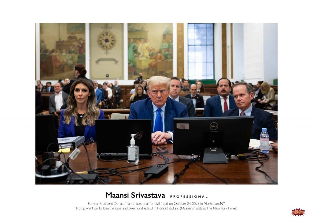 Photograph of Donald Trump and attorneys at a table in a Manhattan courtroom.