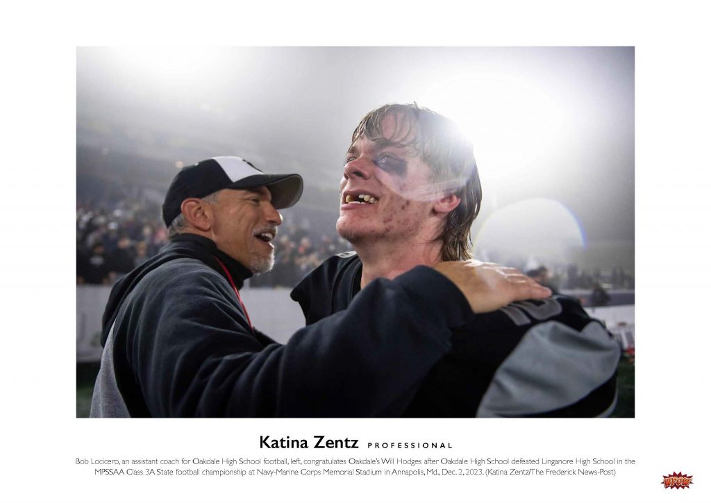 Photograph of a high school football player and coach celebrating winning a game.