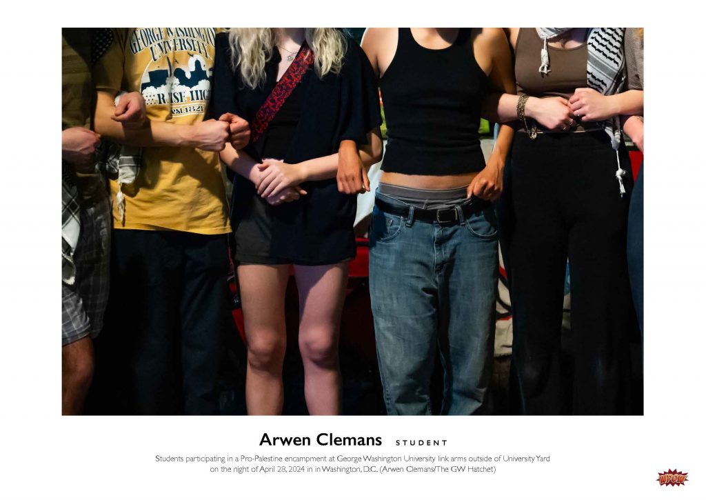 Photographs of students with linked arms at a campus protest.