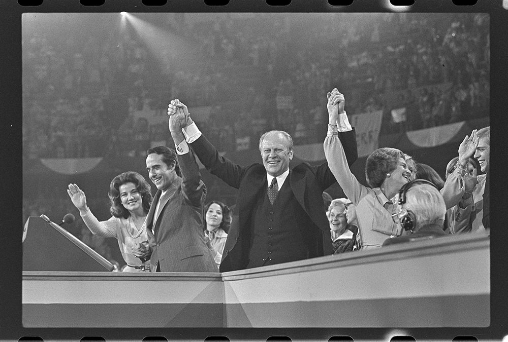 Photograph of Bob Dole, Gerald Ford, wives and supporters.